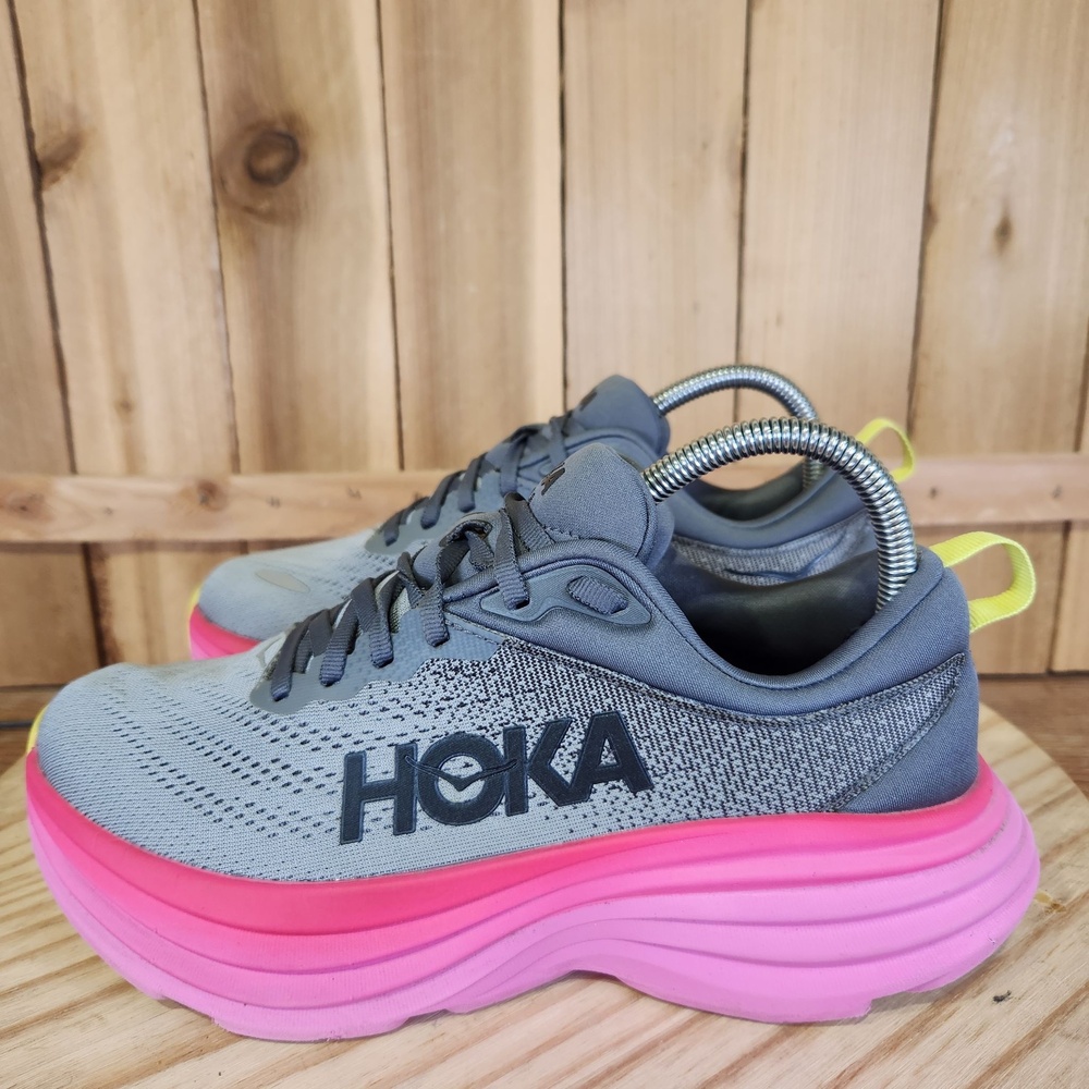 Hoka One One Bondi 8 Shoes Womens 7.5 B Gray Pink Running Sneakers 1127952 CSRW